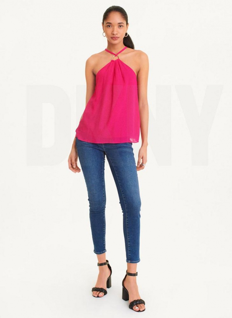 Pink DKNY Crinkle Rayon Crossover Blouse Women's Tank Tops | USA-D1604