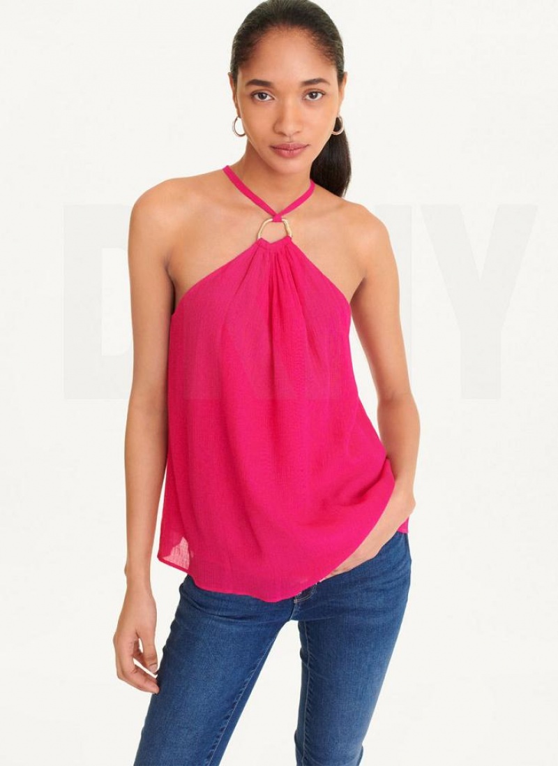 Pink DKNY Crinkle Rayon Crossover Blouse Women\'s Tank Tops | USA-D1604