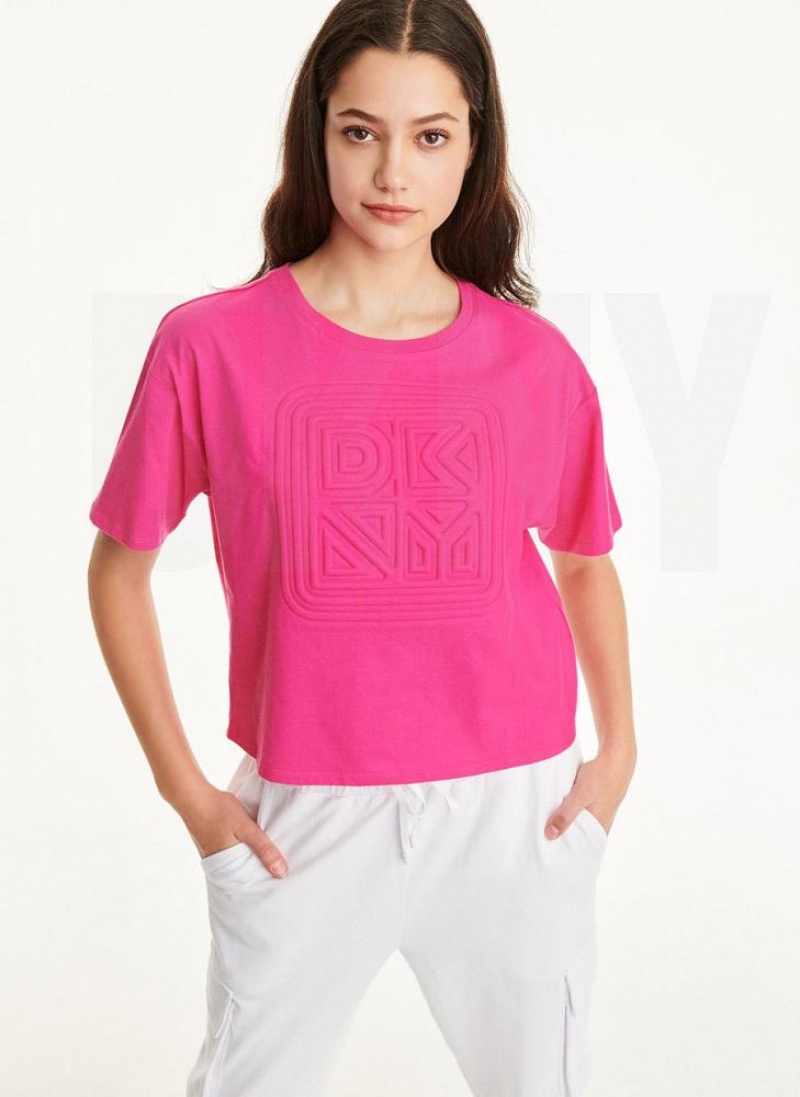 Pink DKNY Embossed Logo Jersey Women\'s T Shirts | USA-D1235
