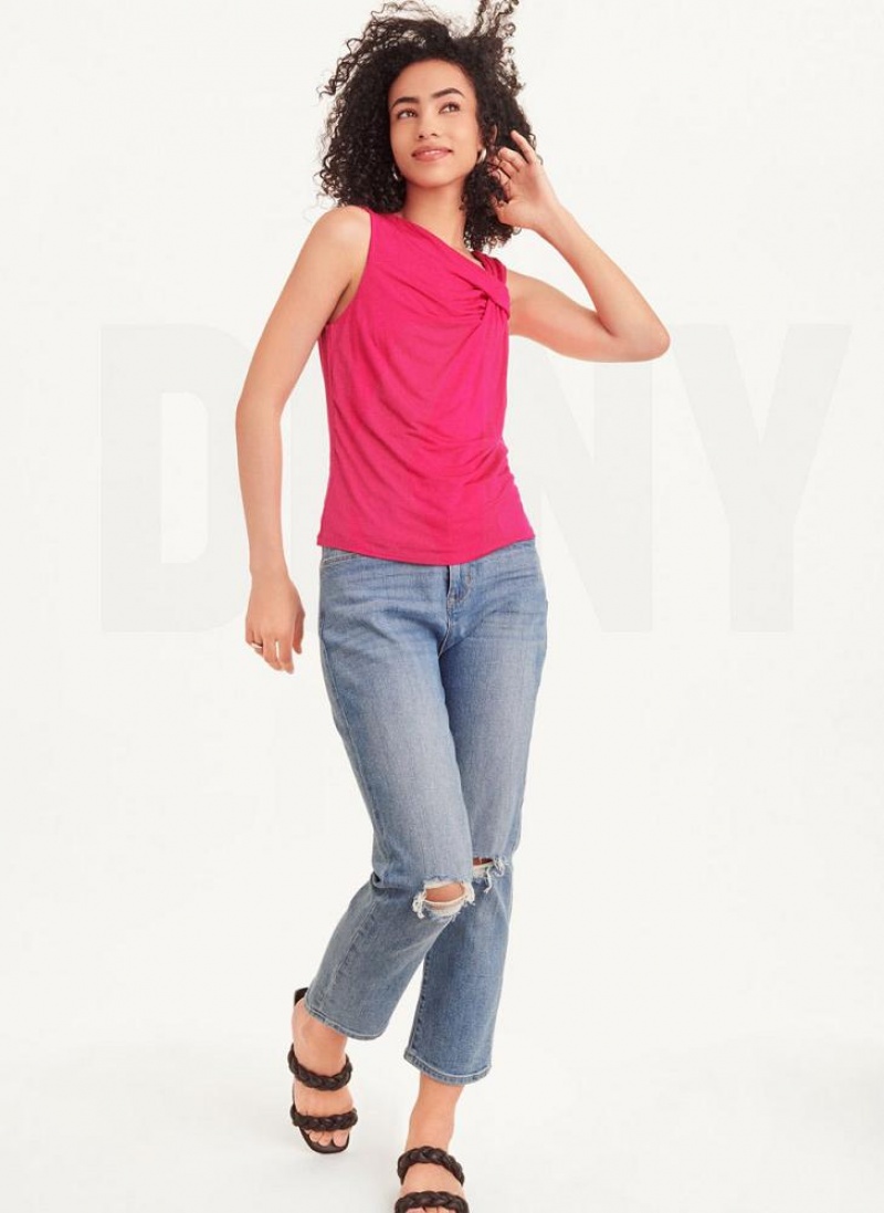 Pink DKNY Gathered Knit Women's Tank Tops | USA-D1780