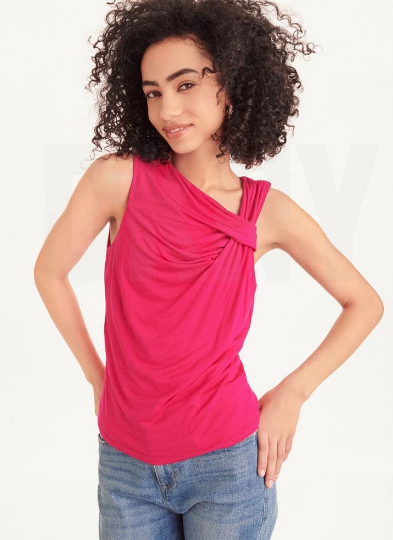Pink DKNY Gathered Knit Women\'s Tank Tops | USA-D1780