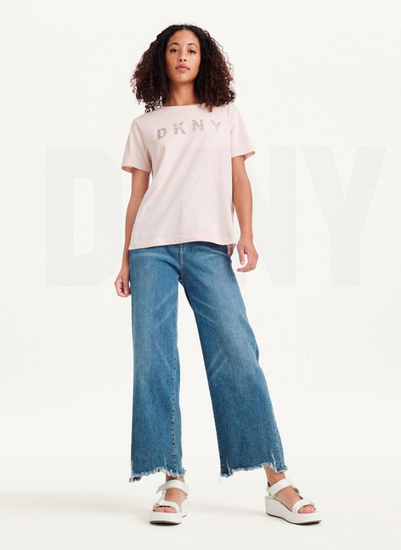 Pink DKNY Glitter Logo Women's T Shirts | USA-D1301