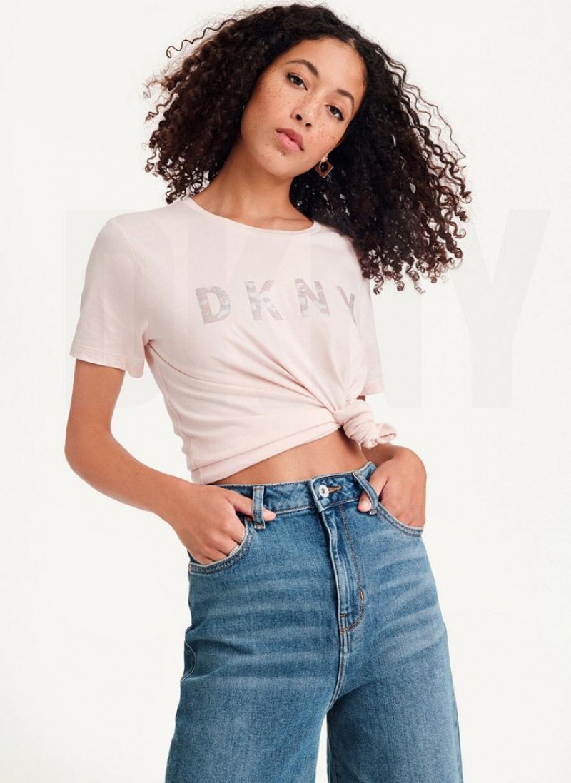 Pink DKNY Glitter Logo Women's T Shirts | USA-D1301