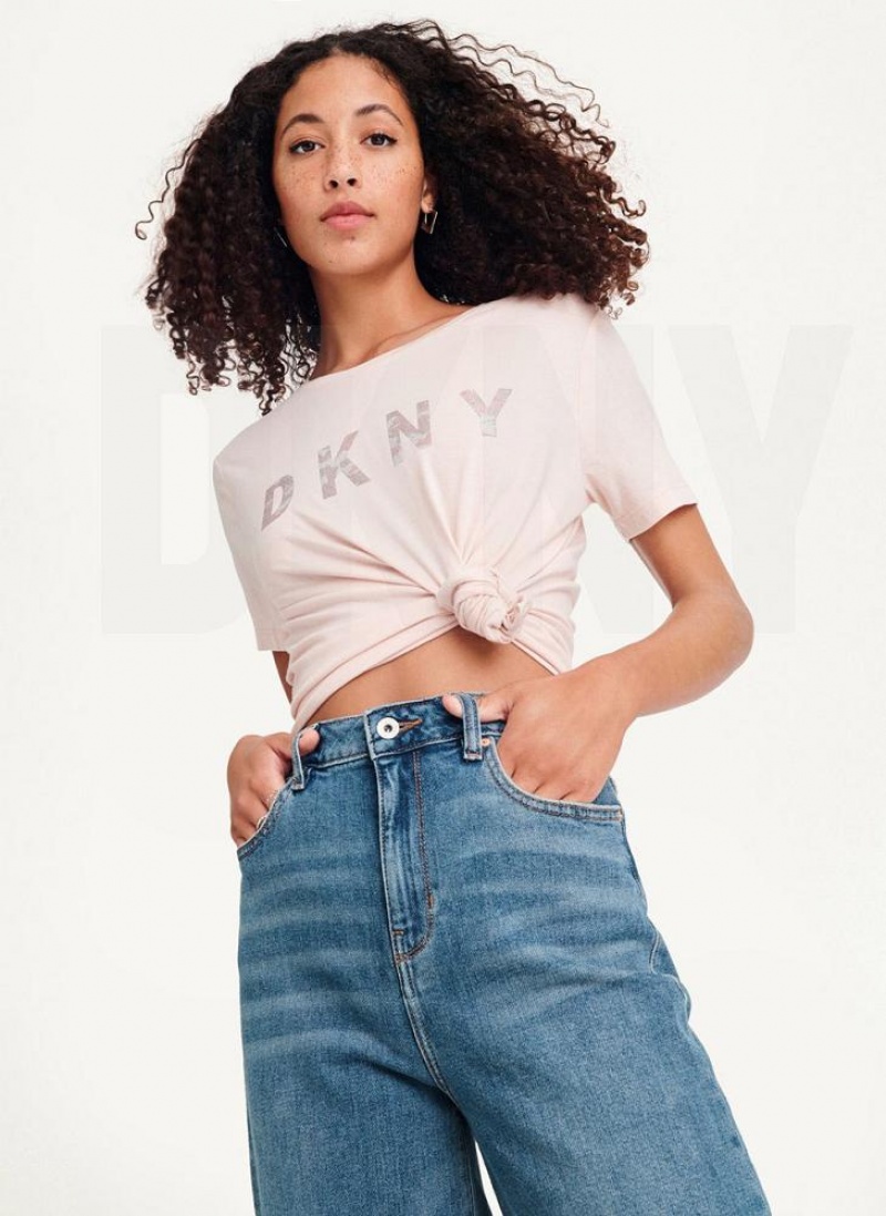 Pink DKNY Glitter Logo Women's T Shirts | USA-D1301