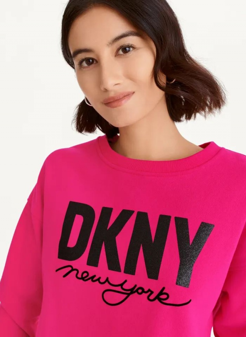 Pink DKNY Glitter Script Logo Cropped Raw Edge Women's Sweatshirts | USA-D0572