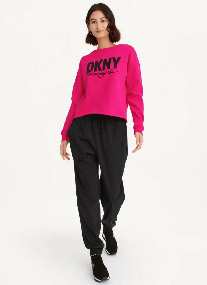 Pink DKNY Glitter Script Logo Cropped Raw Edge Women's Sweatshirts | USA-D0572