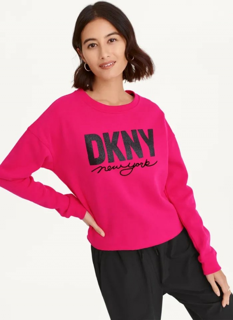 Pink DKNY Glitter Script Logo Cropped Raw Edge Women\'s Sweatshirts | USA-D0572