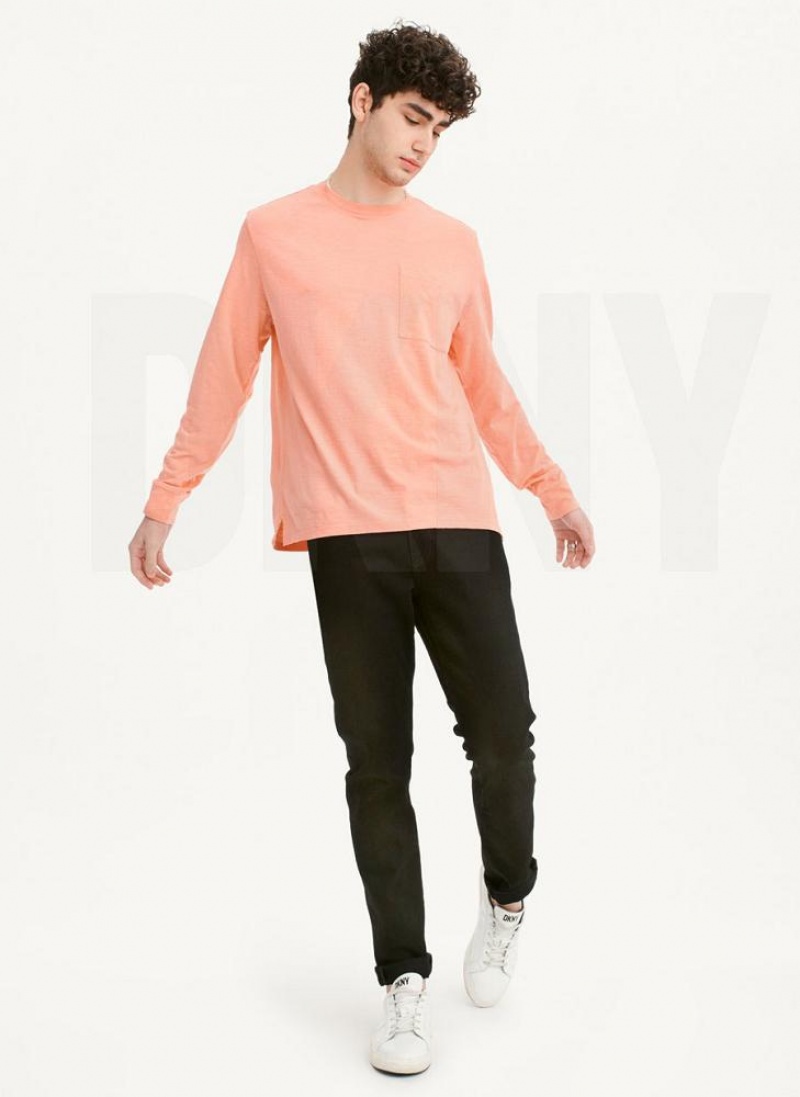 Pink DKNY Long Sleeve Crew Pocket Slub Jersey Men's T Shirts | USA-D1361