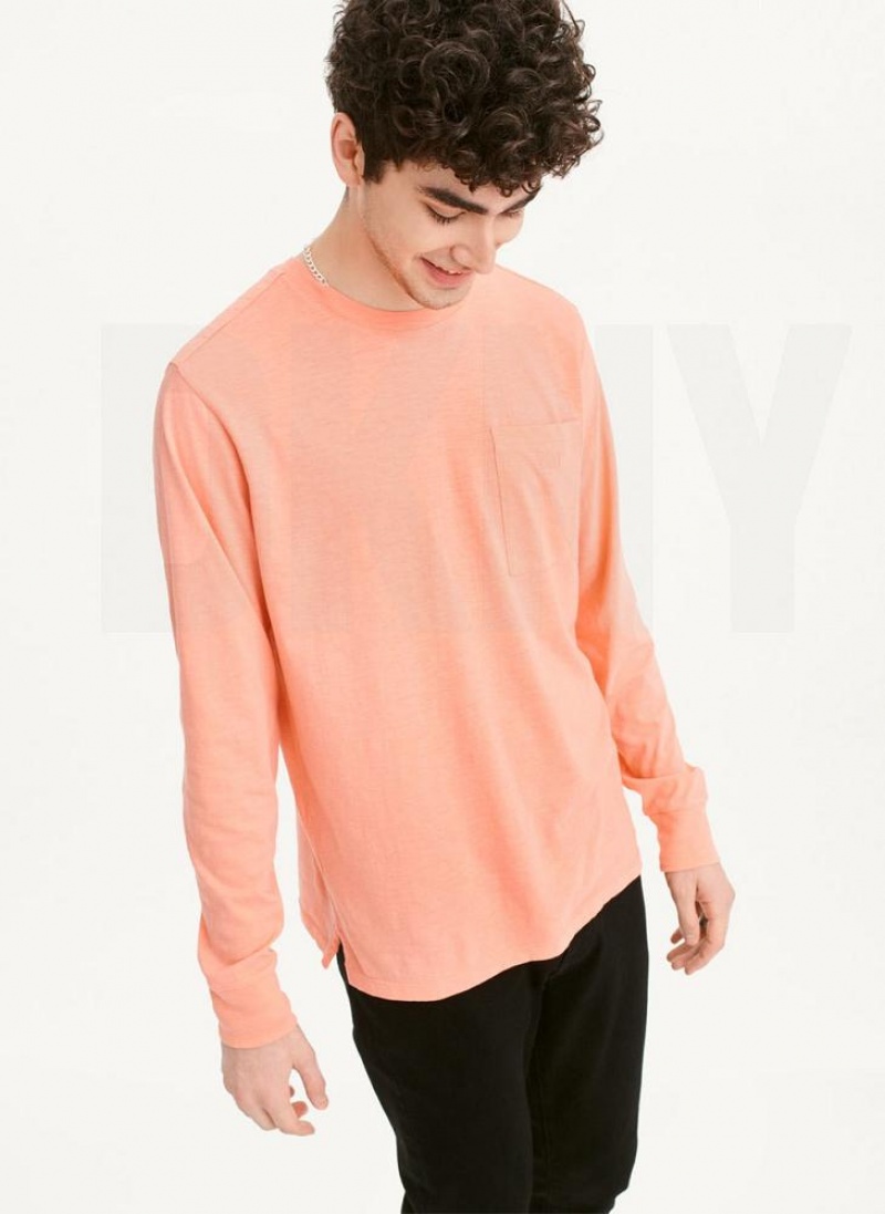 Pink DKNY Long Sleeve Crew Pocket Slub Jersey Men's T Shirts | USA-D1361