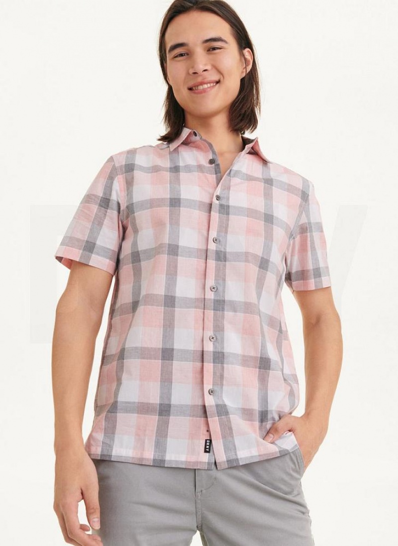 Pink DKNY Plaid Men\'s Shirts | USA-D0462