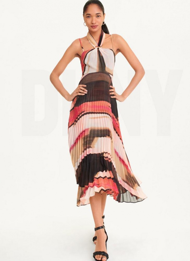 Pink DKNY Pleated Halter Women's Dresses | USA-D0188