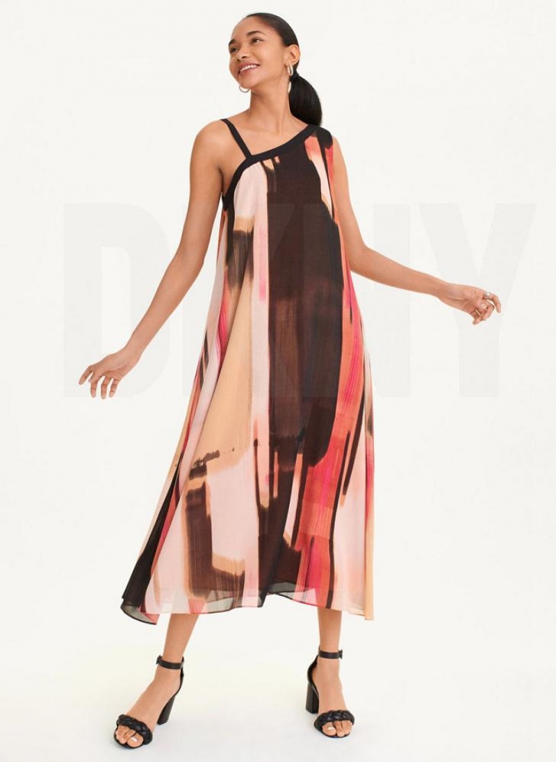 Pink DKNY Printed Chiffon Women's Dresses | USA-D1709