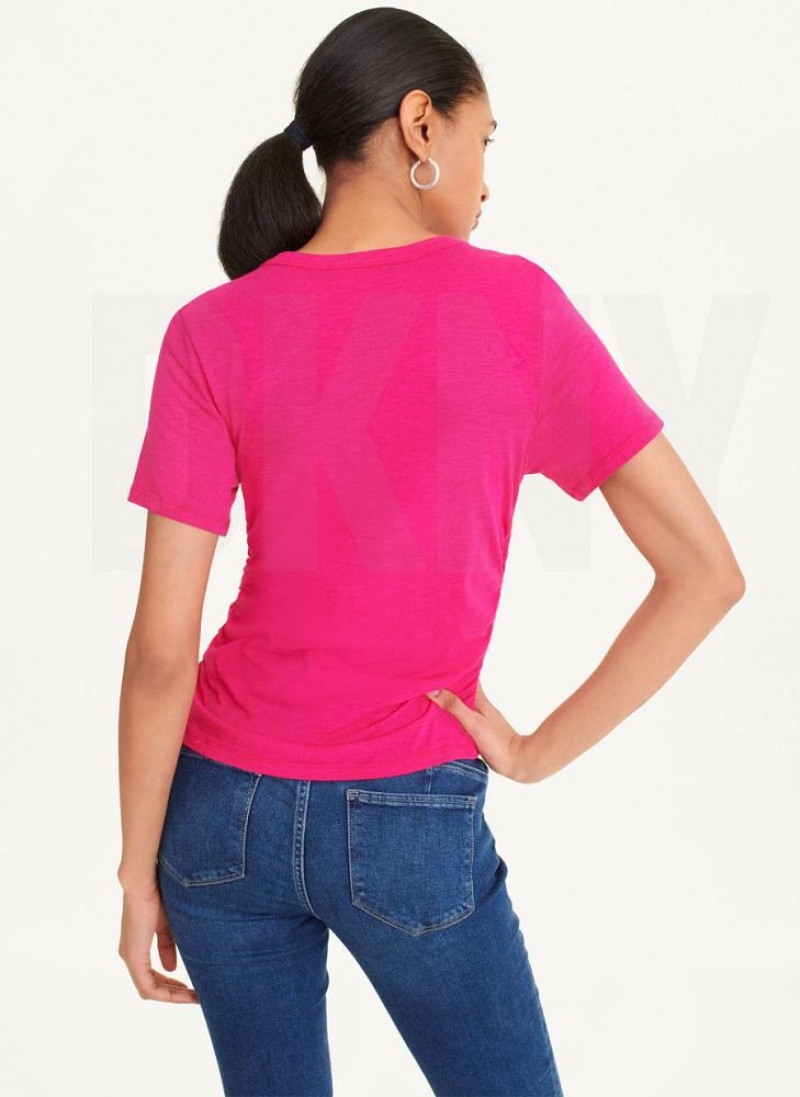 Pink DKNY Ruched Front Women's T Shirts | USA-D0336