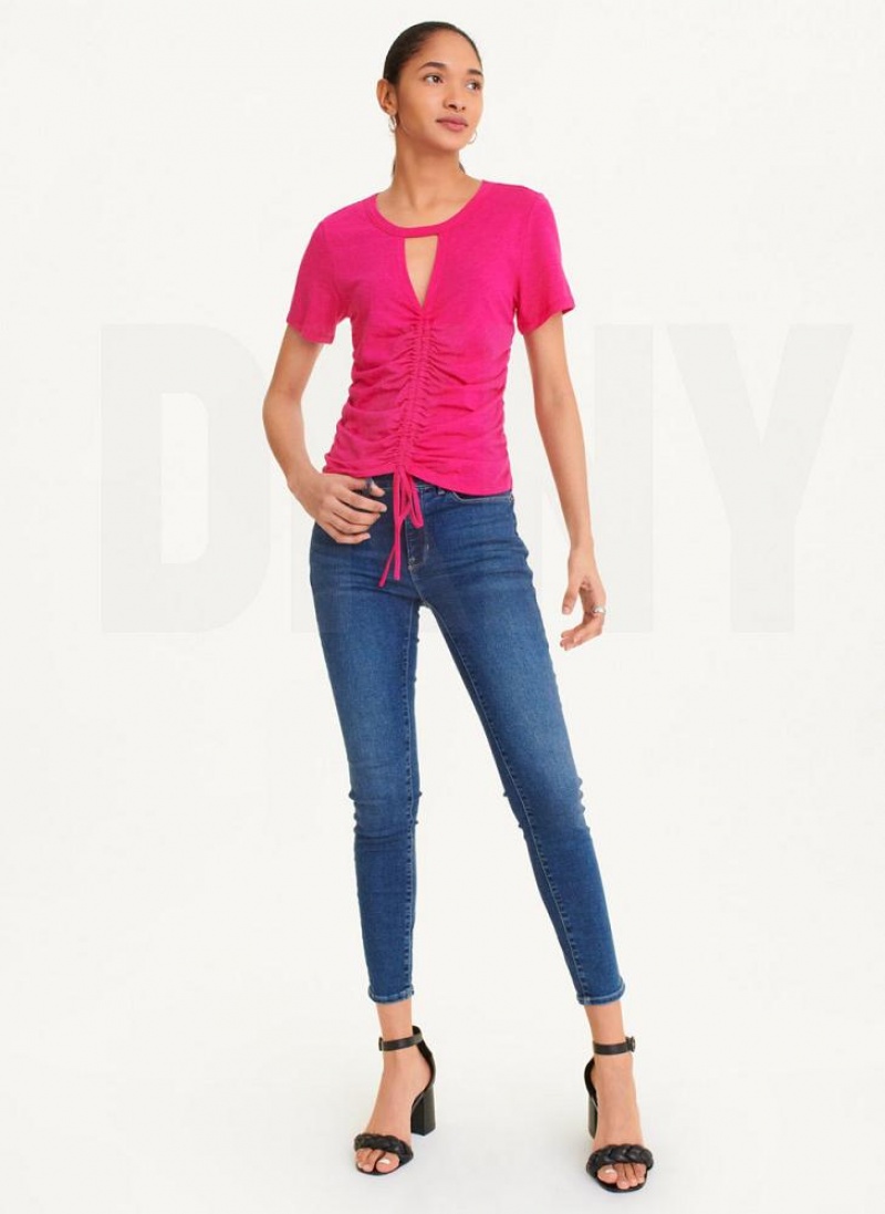 Pink DKNY Ruched Front Women's T Shirts | USA-D0336