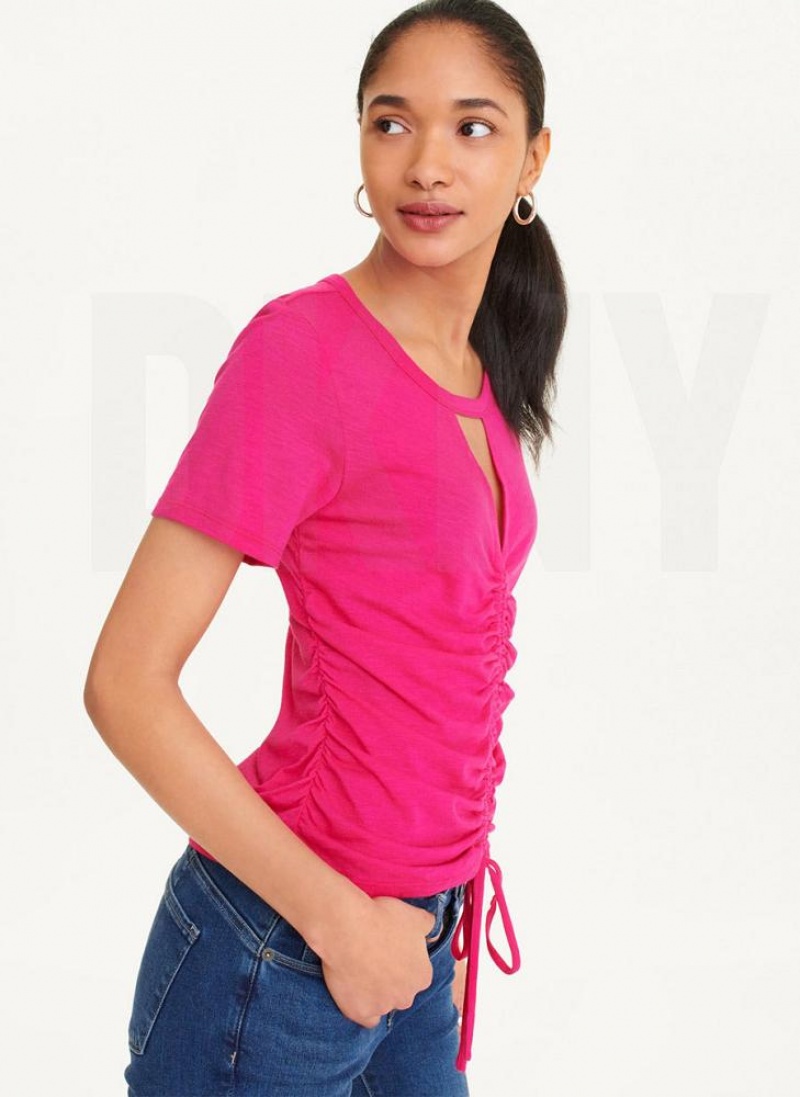 Pink DKNY Ruched Front Women's T Shirts | USA-D0336