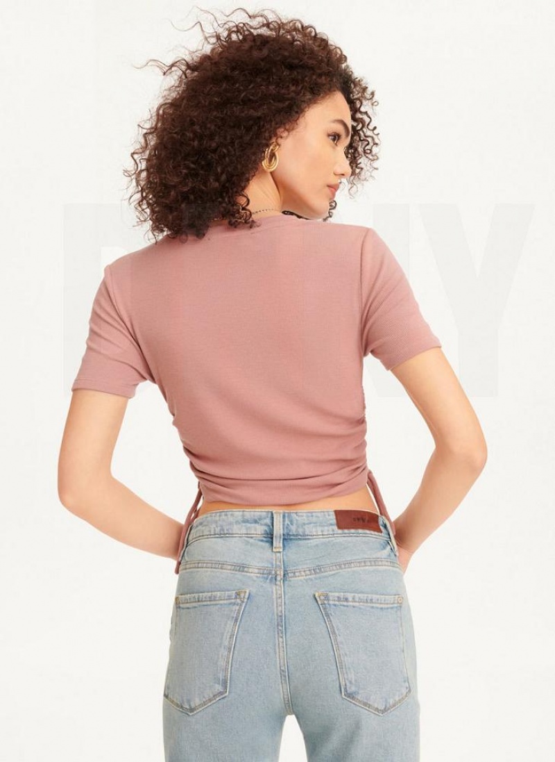 Pink DKNY Short Sleeve Side Ruched Women's T Shirts | USA-D1736