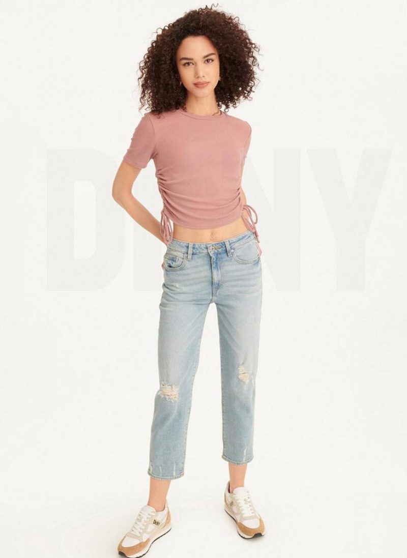Pink DKNY Short Sleeve Side Ruched Women's T Shirts | USA-D1736