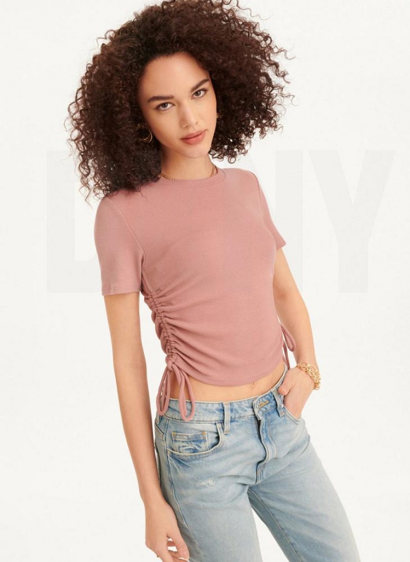 Pink DKNY Short Sleeve Side Ruched Women's T Shirts | USA-D1736
