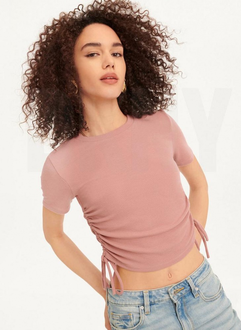 Pink DKNY Short Sleeve Side Ruched Women's T Shirts | USA-D1736