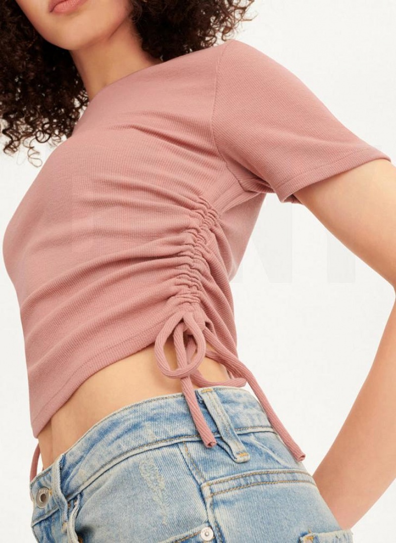 Pink DKNY Short Sleeve Side Ruched Women's T Shirts | USA-D1736