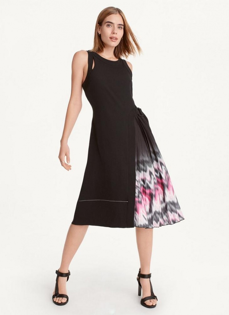 Purple DKNY Crewneck Printed Mix Pleated Midi Women's Dresses | USA-D1580