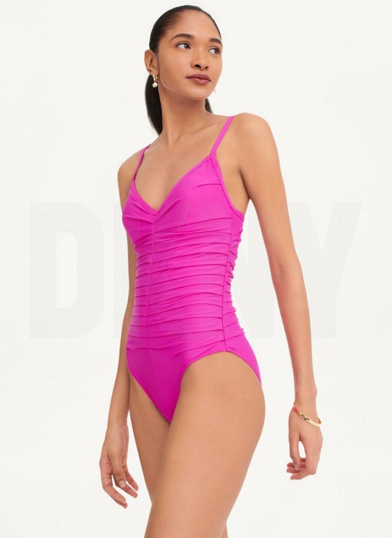 Purple DKNY Pleated One Piece Women's Swimsuits | USA-D0886