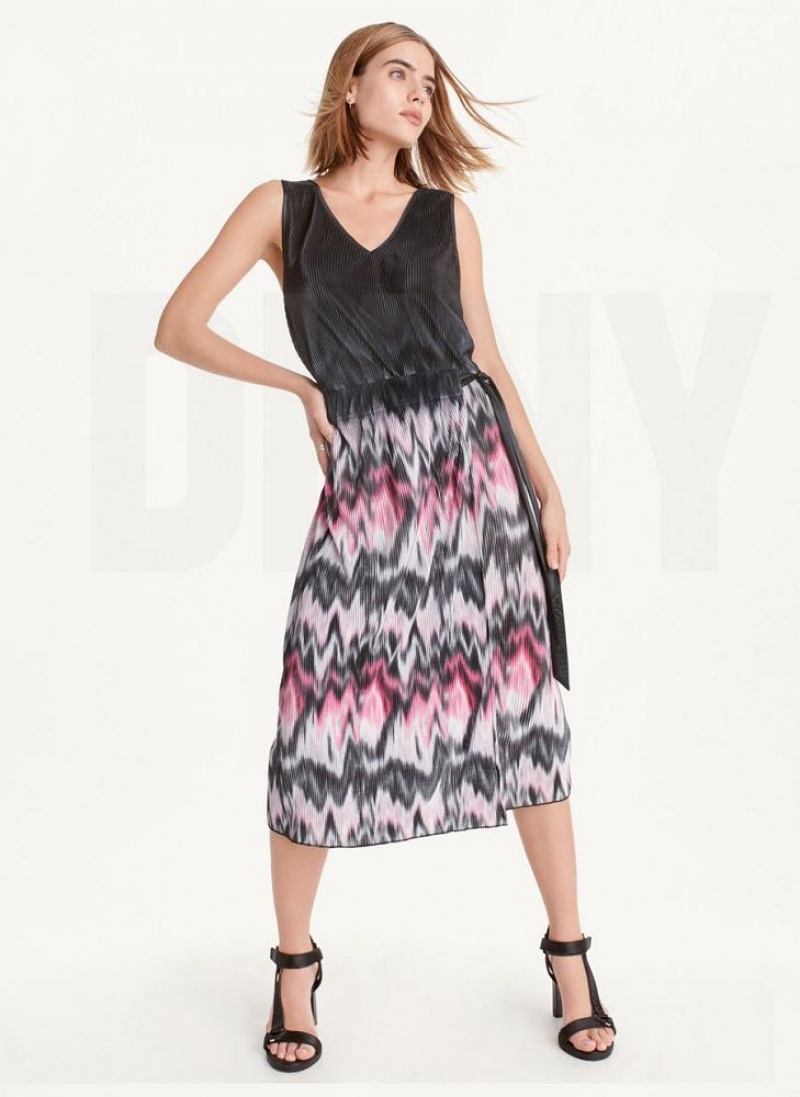 Purple DKNY Printed Pleated Women's Dresses | USA-D0510