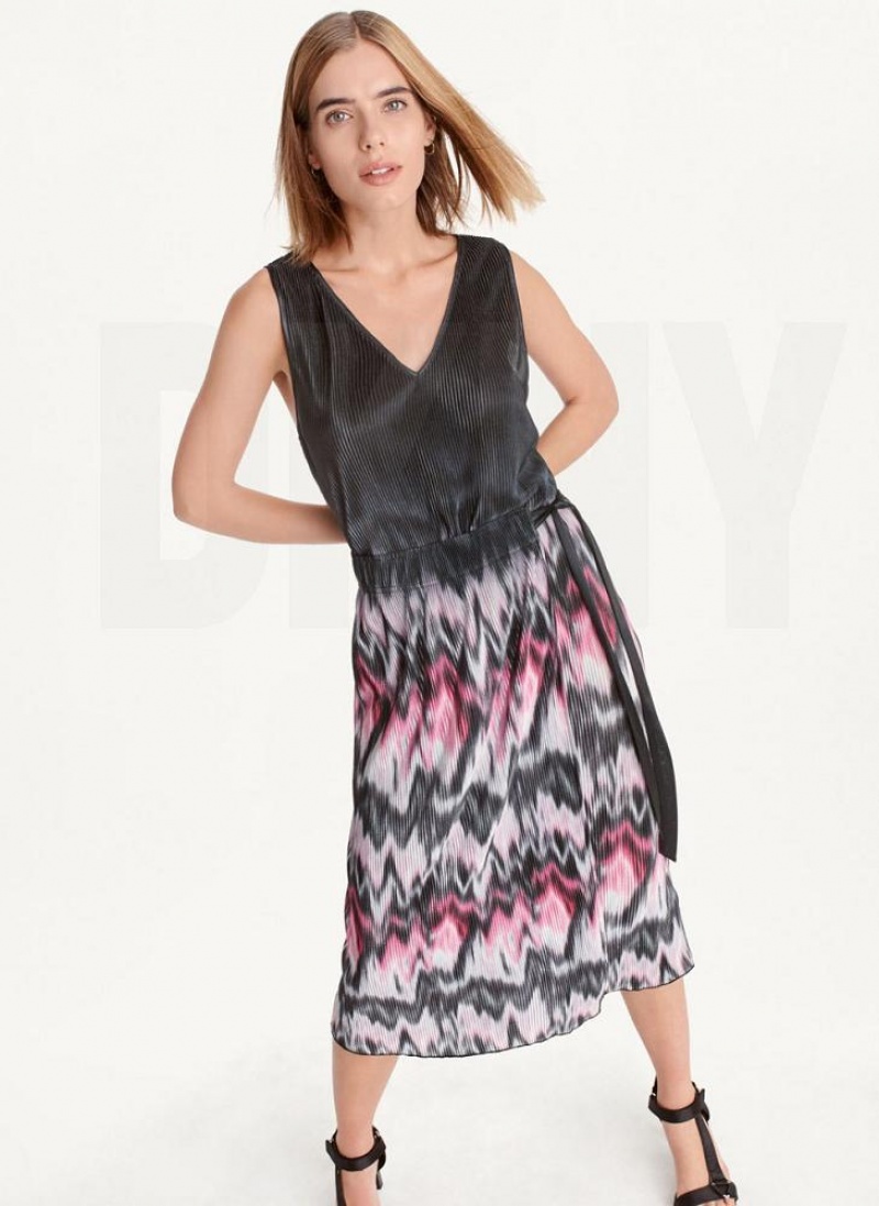Purple DKNY Printed Pleated Women\'s Dresses | USA-D0510