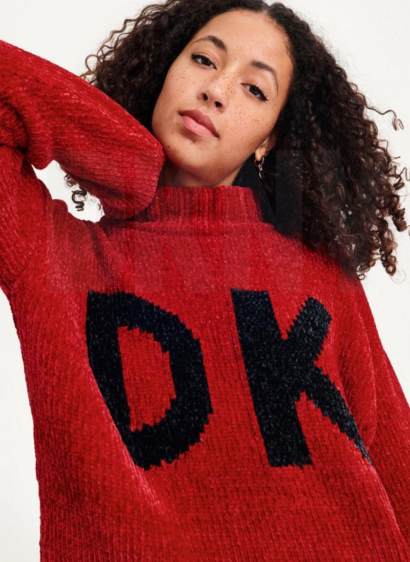 Red DKNY Chunky Chenille Logo Women's Sweaters | USA-D1308
