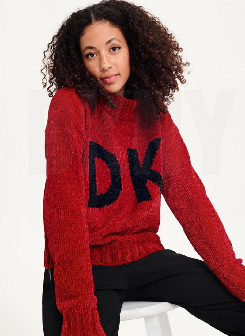 Red DKNY Chunky Chenille Logo Women's Sweaters | USA-D1308