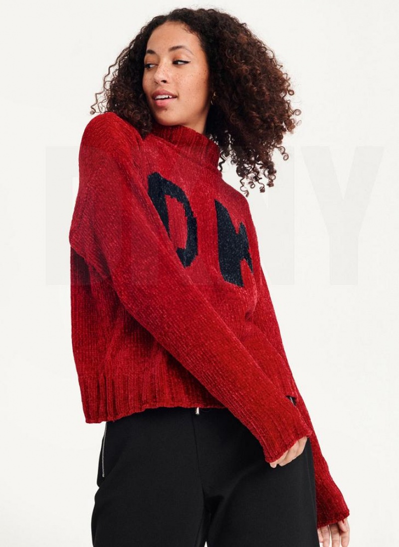 Red DKNY Chunky Chenille Logo Women's Sweaters | USA-D1308