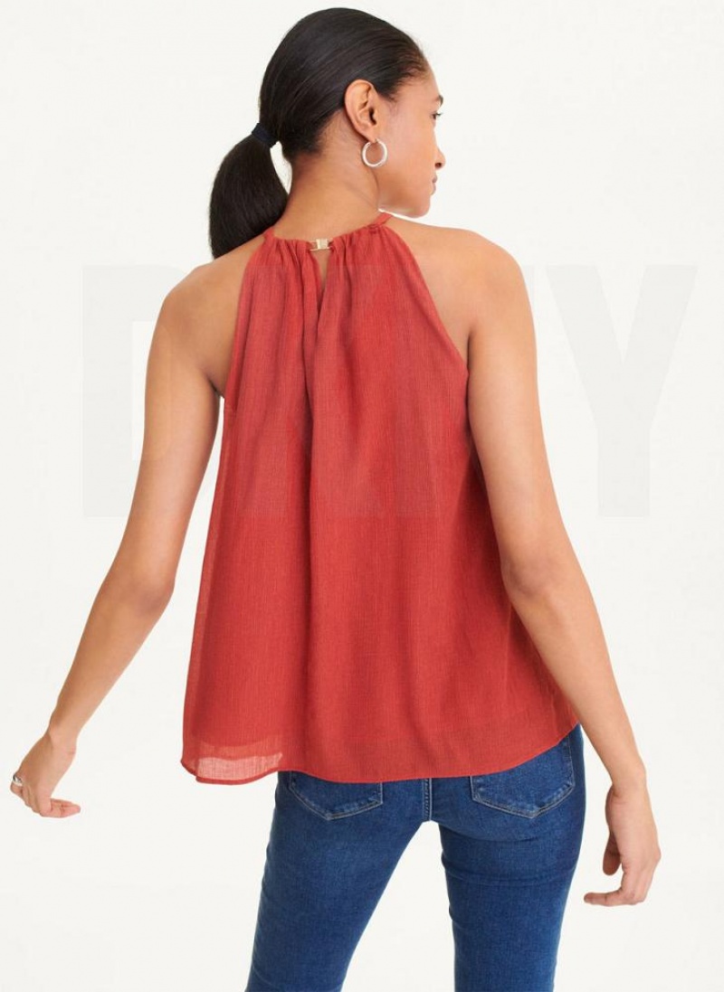 Red DKNY Crinkle Rayon Crossover Blouse Women's Tank Tops | USA-D0518