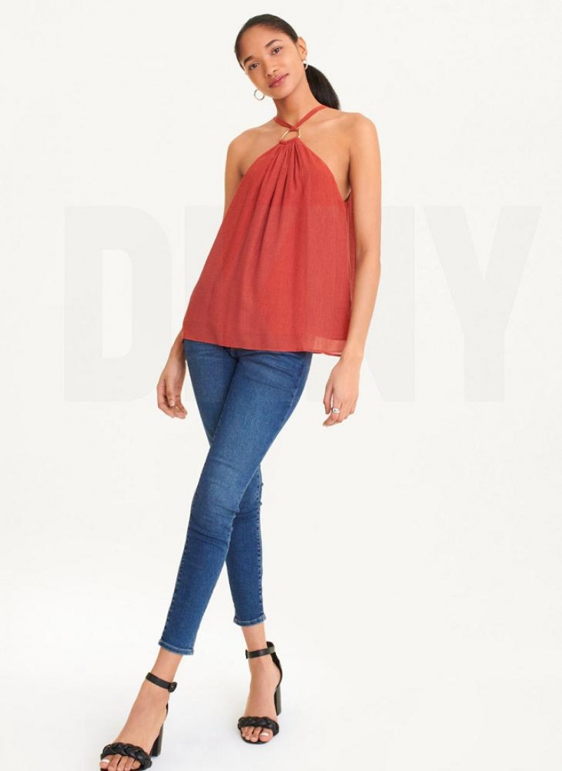 Red DKNY Crinkle Rayon Crossover Blouse Women's Tank Tops | USA-D0518