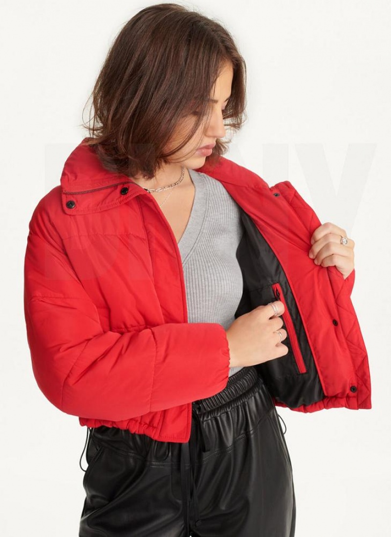 Red DKNY Cropped Women\'s Puffer Jacket | USA-D0140