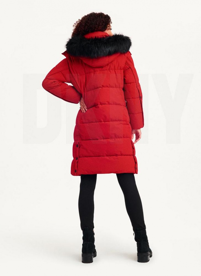 Red DKNY Long Puffer With Faux Fur Hood Women's Coats | USA-D0467