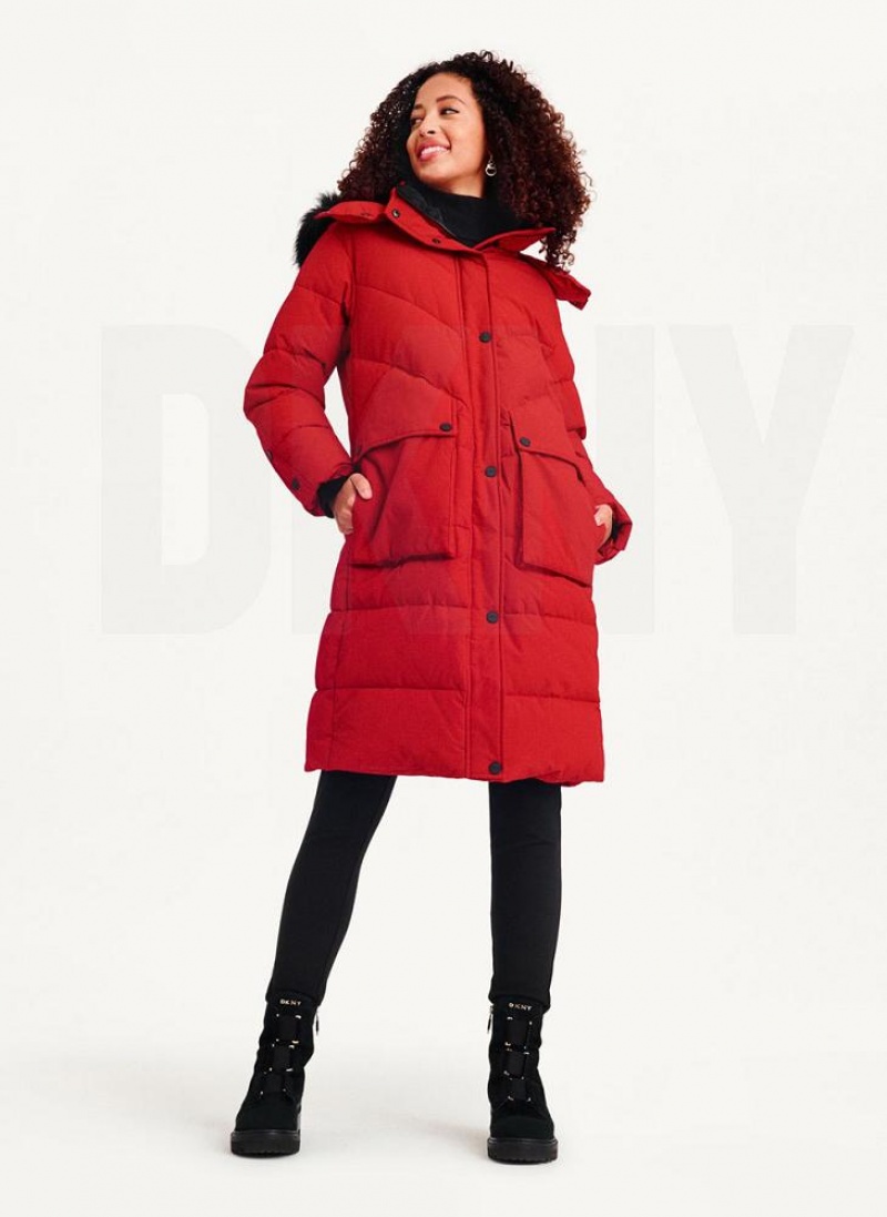 Red DKNY Long Puffer With Faux Fur Hood Women's Coats | USA-D0467