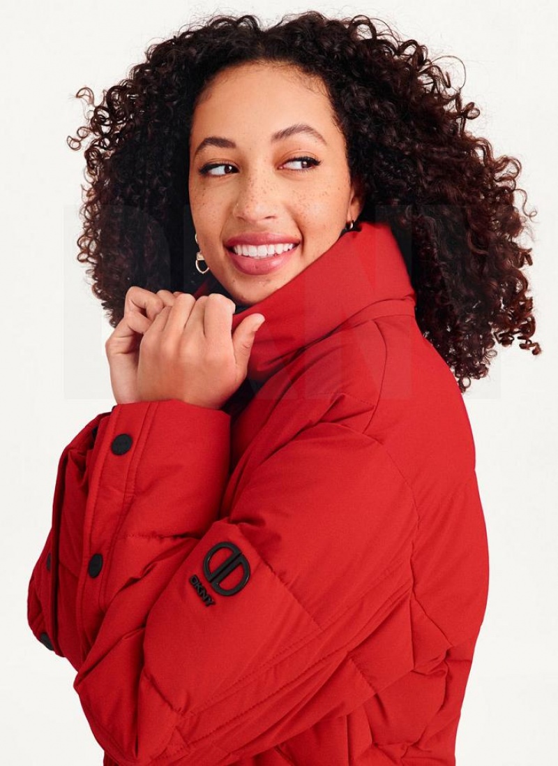 Red DKNY Long Puffer With Faux Fur Hood Women's Coats | USA-D0467