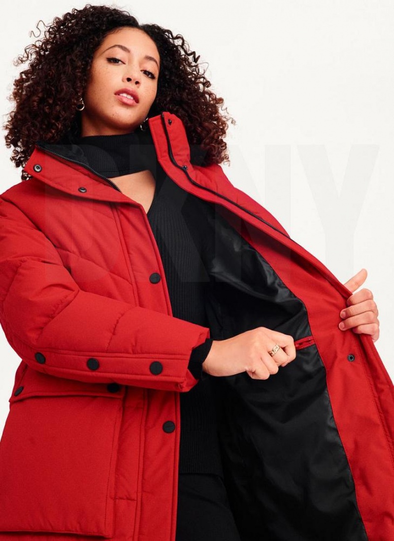Red DKNY Long Puffer With Faux Fur Hood Women's Coats | USA-D0467