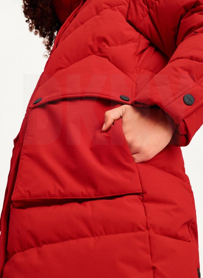 Red DKNY Long Puffer With Faux Fur Hood Women's Coats | USA-D0467