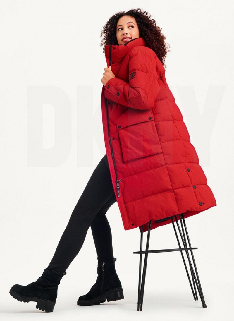 Red DKNY Long Puffer With Faux Fur Hood Women's Coats | USA-D0467