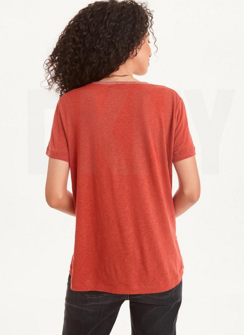 Red DKNY Lurex Trim Women's T Shirts | USA-D1563