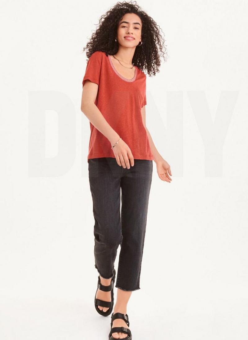 Red DKNY Lurex Trim Women's T Shirts | USA-D1563