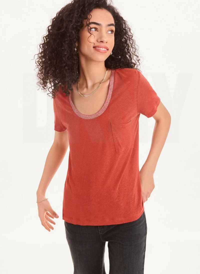 Red DKNY Lurex Trim Women\'s T Shirts | USA-D1563