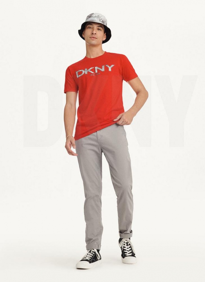Red DKNY Metallic Puff Logo Men's T Shirts | USA-D0577