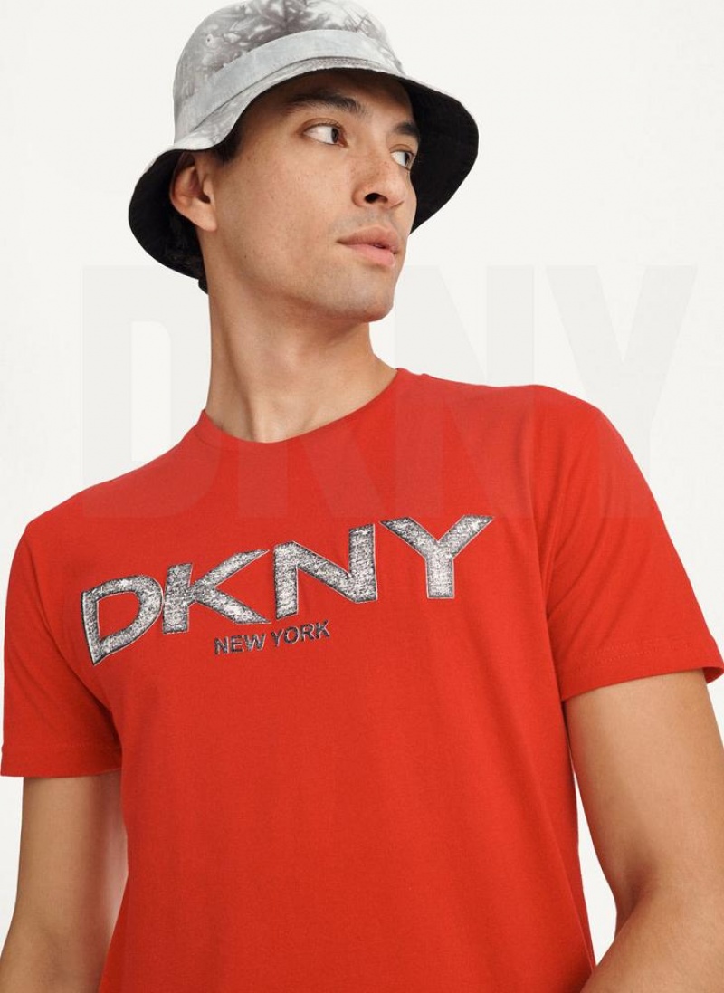 Red DKNY Metallic Puff Logo Men's T Shirts | USA-D0577