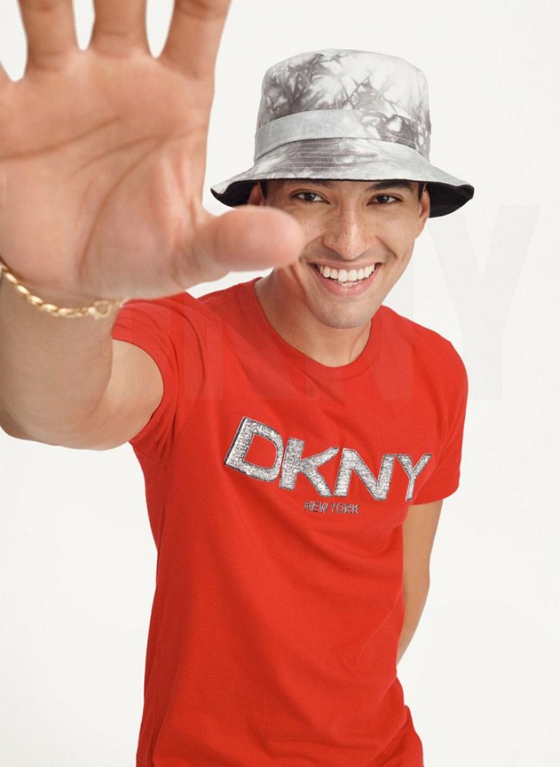 Red DKNY Metallic Puff Logo Men's T Shirts | USA-D0577