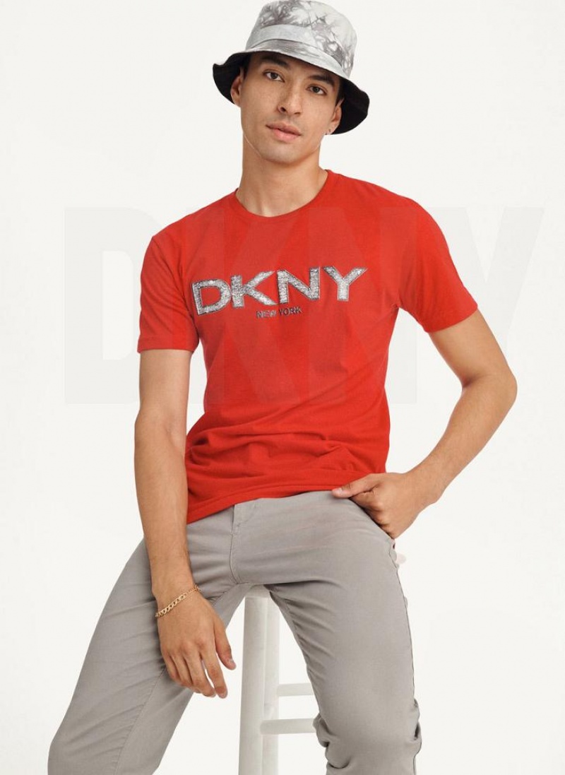 Red DKNY Metallic Puff Logo Men's T Shirts | USA-D0577