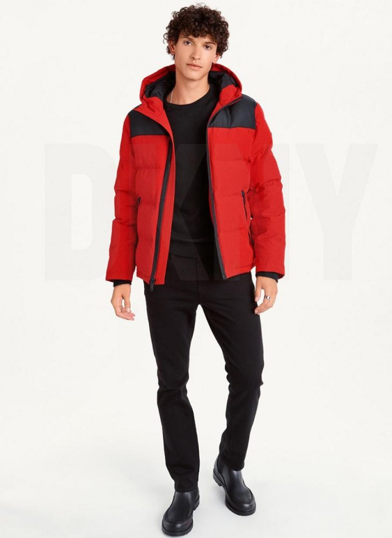 Red DKNY Mixed Media Classic Men's Puffer Jacket | USA-D0143