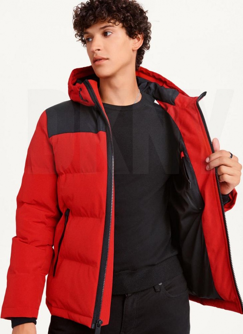 Red DKNY Mixed Media Classic Men's Puffer Jacket | USA-D0143