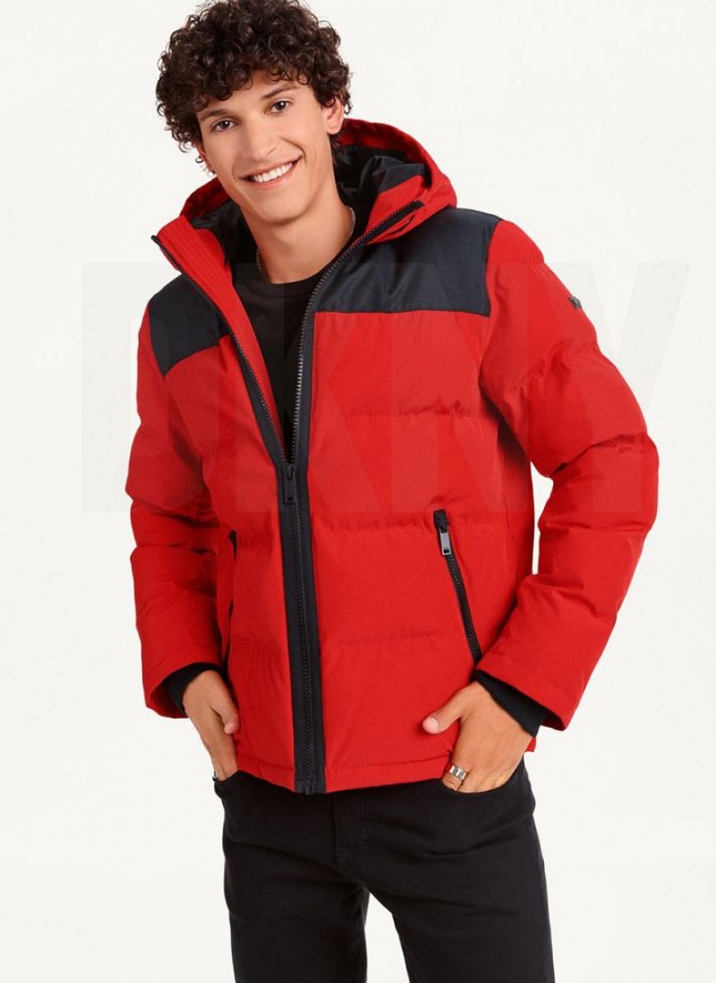 Red DKNY Mixed Media Classic Men\'s Puffer Jacket | USA-D0143